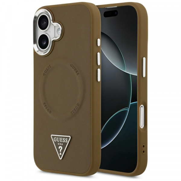 Husa MagSafe pentru Apple iPhone 17, Guess, Triangle Logo, Maro Argintie