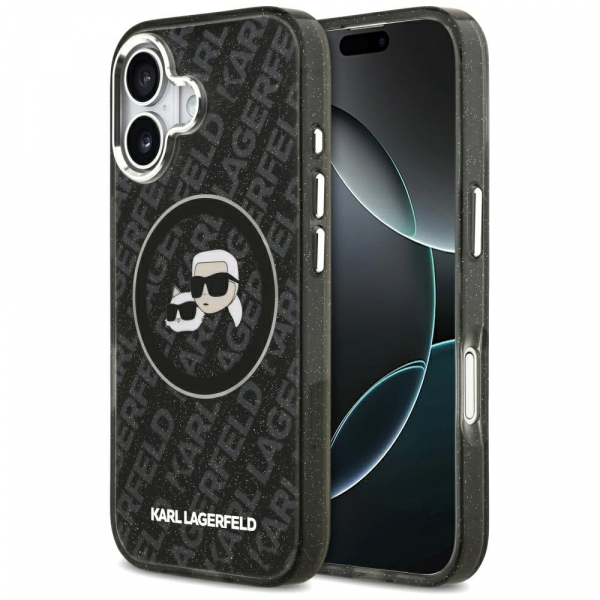 Husa MagSafe pentru Apple iPhone 17, Karl Lagerfeld, Glitter Karl & Choupette Head, Neagra