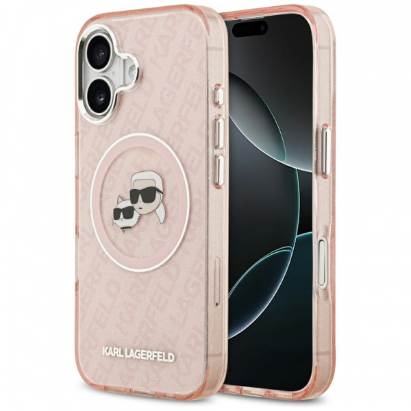 Husa MagSafe pentru Apple iPhone 17, Karl Lagerfeld, IML Glitter Karl & Choupette`s Heads, Roz