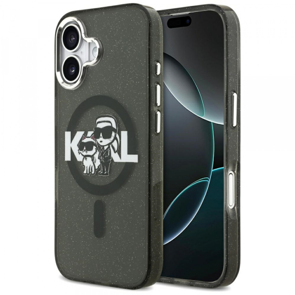 Husa MagSafe pentru Apple iPhone 17, Karl Lagerfeld, IML Sketch Logo Glitter Karl & Choupette, Neagra