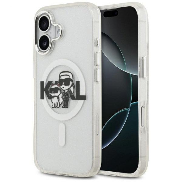 Husa MagSafe pentru Apple iPhone 17, Karl Lagerfeld, IML Sketch Logo Glitter Karl & Choupette, Transparenta