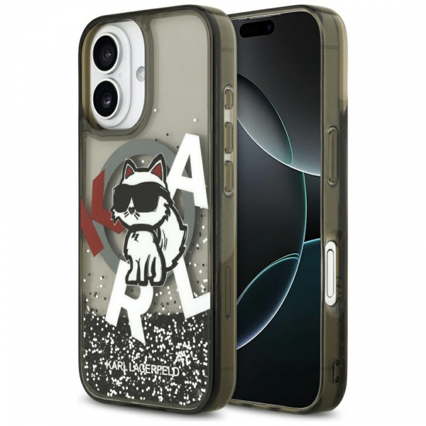 Husa MagSafe pentru Apple iPhone 17, Karl Lagerfeld, Liquid Glitter Logo Choupette, Neagra