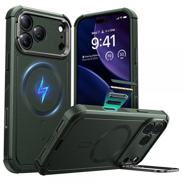 Husa MagSafe pentru Apple iPhone 18 Pro / 17 Pro, ESR, Cyber Armor Kickstand, Verde