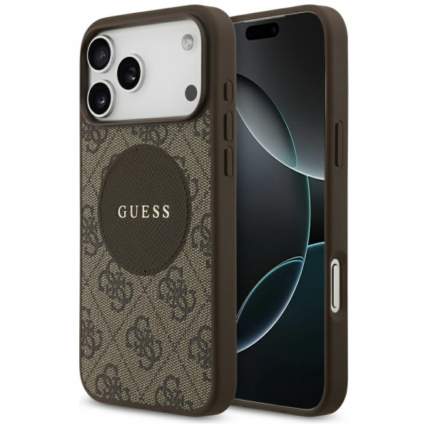 Husa MagSafe pentru Apple iPhone 18 Pro / 17 Pro, Guess, 4G Circle Classic Logo, Maro