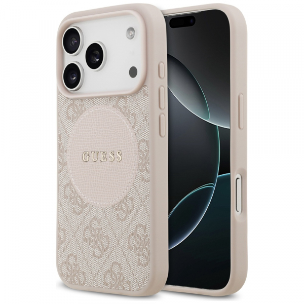Husa MagSafe pentru Apple iPhone 18 Pro / 17 Pro, Guess, 4G Circle Classic Logo, Roz