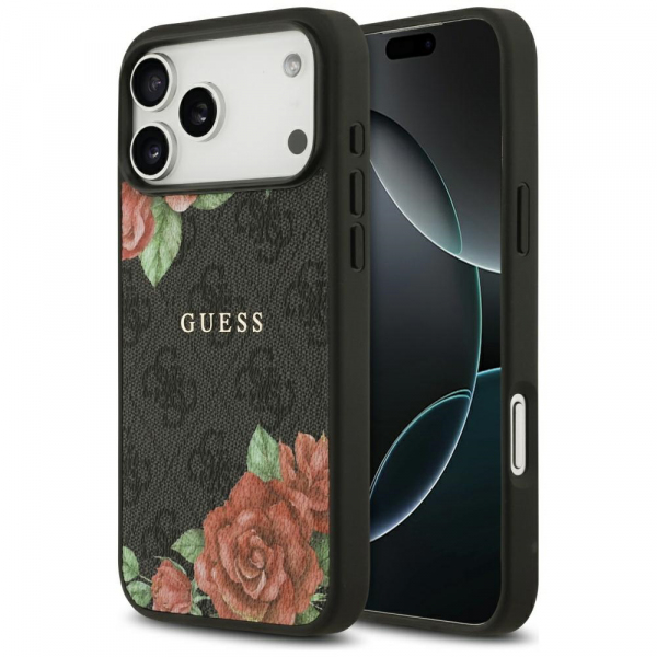 Husa MagSafe pentru Apple iPhone 18 Pro / 17 Pro, Guess, 4G Flowers Print, Neagra