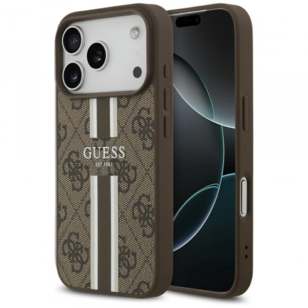 Husa MagSafe pentru Apple iPhone 18 Pro / 17 Pro, Guess, 4G Printed Stripes, Maro