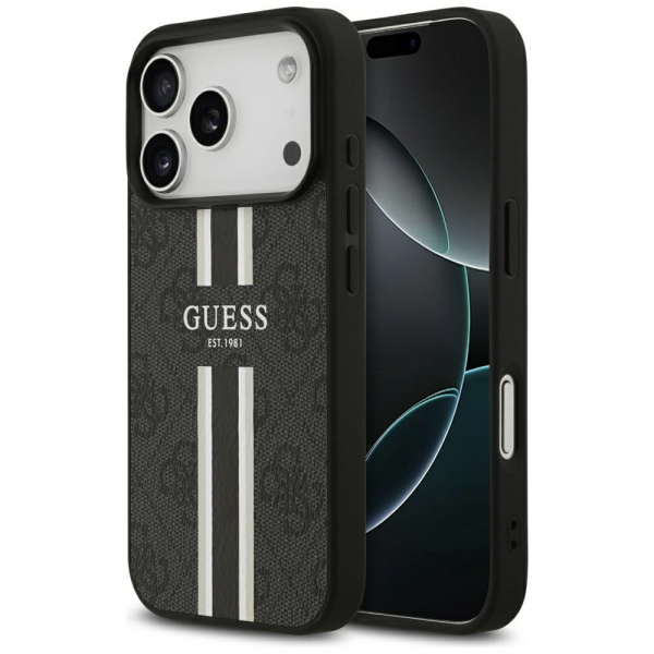 Husa MagSafe pentru Apple iPhone 18 Pro / 17 Pro, Guess, 4G Printed Stripes, Neagra