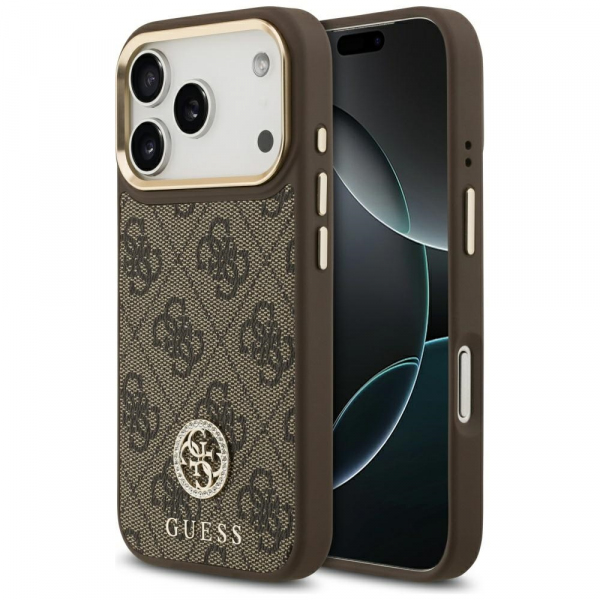 Husa MagSafe pentru Apple iPhone 18 Pro / 17 Pro, Guess, 4G Strass Logo, Maro