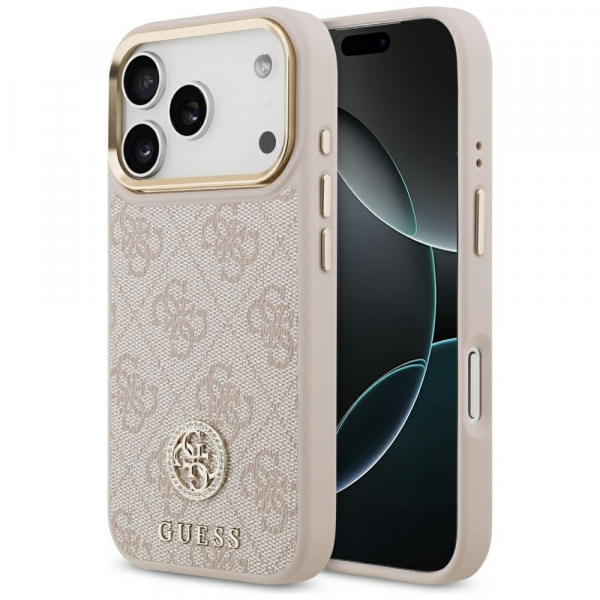 Husa MagSafe pentru Apple iPhone 18 Pro / 17 Pro, Guess, 4G Strass Logo, Roz