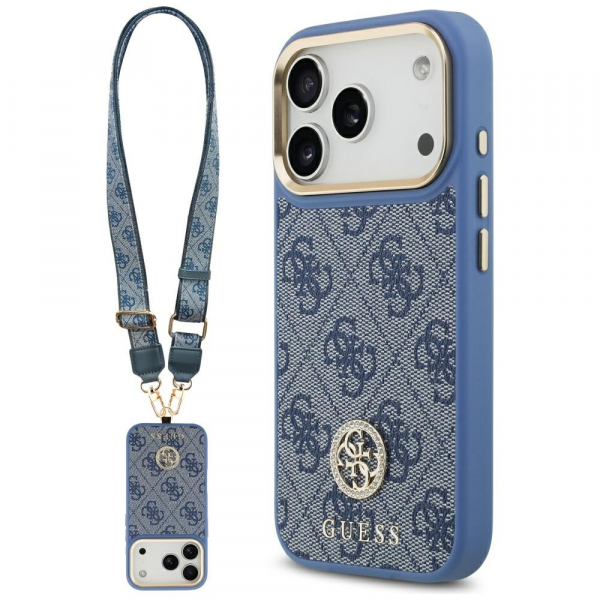 Husa MagSafe pentru Apple iPhone 18 Pro / 17 Pro, Guess, 4G Strass Logo with Big Strap, Albastra