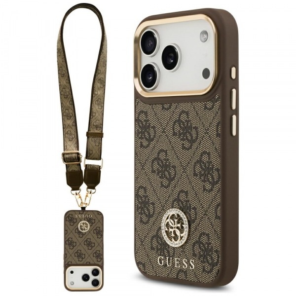 Husa MagSafe pentru Apple iPhone 18 Pro / 17 Pro, Guess, 4G Strass Logo with Big Strap, Maro