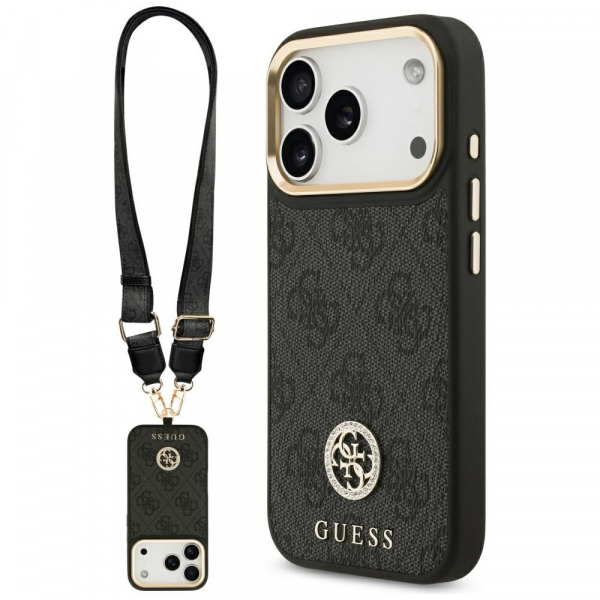 Husa MagSafe pentru Apple iPhone 18 Pro / 17 Pro, Guess, 4G Strass Logo with Big Strap, Neagra
