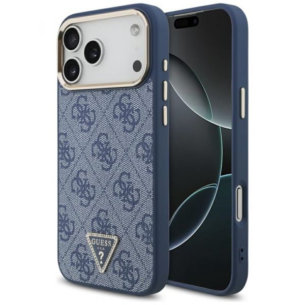 Husa MagSafe pentru Apple iPhone 18 Pro / 17 Pro, Guess, 4G Triangle Logo, Albastra Aurie