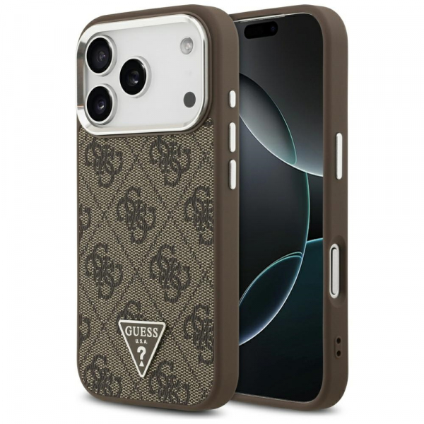 Husa MagSafe pentru Apple iPhone 18 Pro / 17 Pro, Guess, 4G Triangle Logo, Maro Argintie
