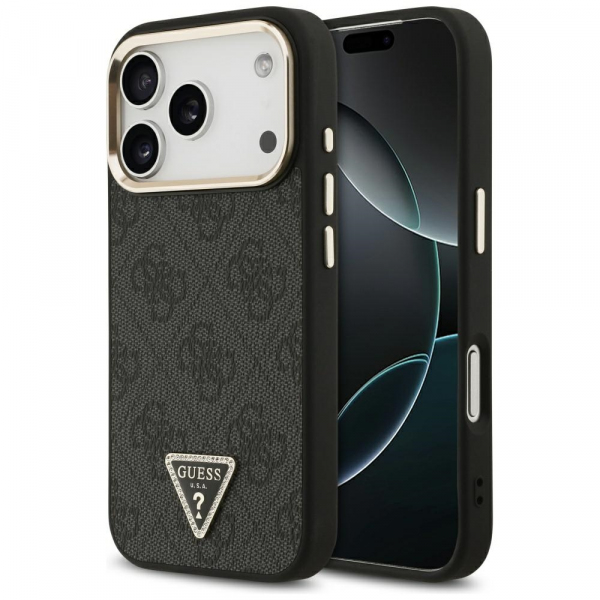 Husa MagSafe pentru Apple iPhone 18 Pro / 17 Pro, Guess, 4G Triangle Logo, Neagra Aurie