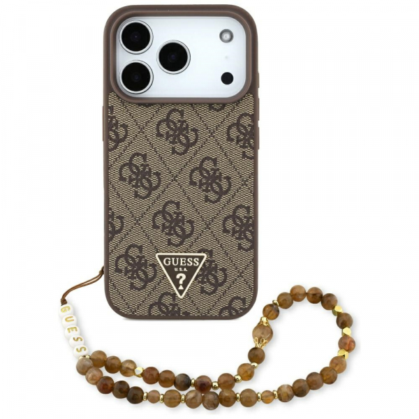Husa MagSafe pentru Apple iPhone 18 Pro / 17 Pro, Guess, 4G Triangle Logo with Pearl Strap, Maro