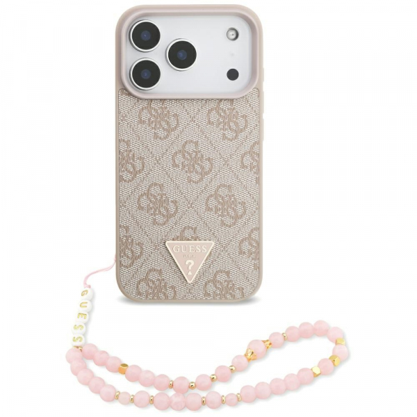 Husa MagSafe pentru Apple iPhone 18 Pro / 17 Pro, Guess, 4G Triangle Logo with Pearl Strap, Roz