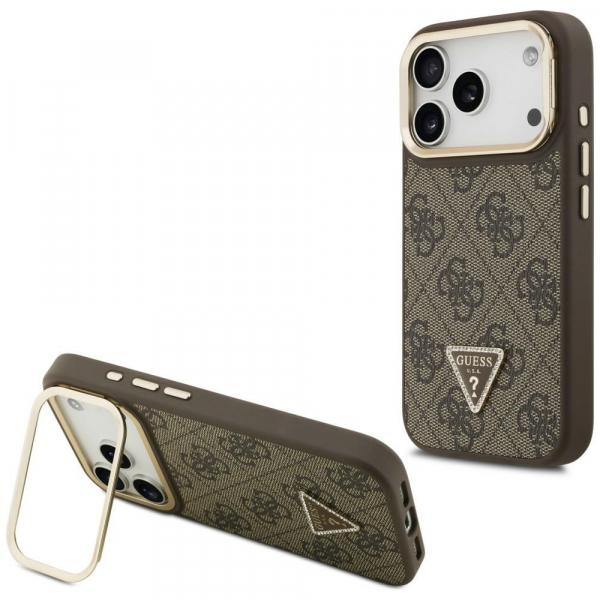 Husa MagSafe pentru Apple iPhone 18 Pro / 17 Pro, Guess, 4G Triangle Logo with Stand Camera, Maro Aurie