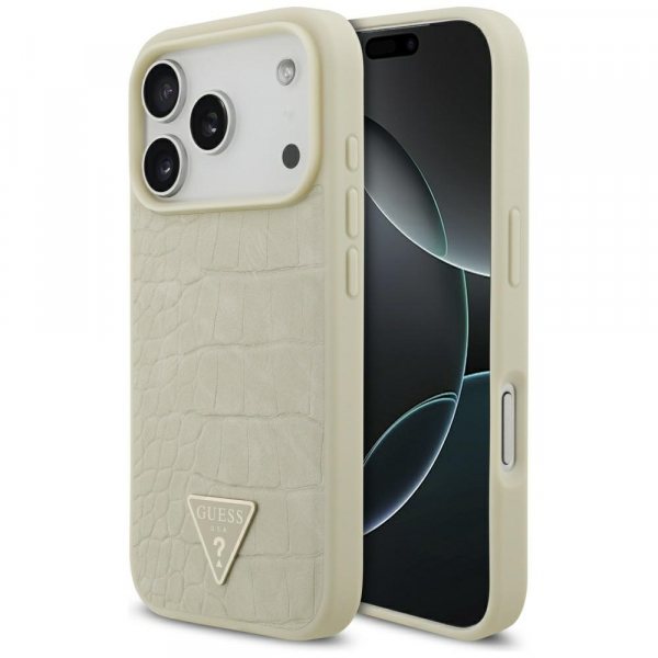Husa MagSafe pentru Apple iPhone 18 Pro / 17 Pro, Guess, Croco Triangle Logo, Aurie