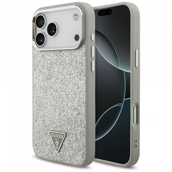 Husa MagSafe pentru Apple iPhone 18 Pro / 17 Pro, Guess, Glitter Triangle Logo, Argintie