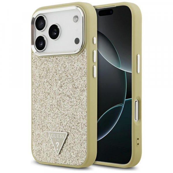Husa MagSafe pentru Apple iPhone 18 Pro / 17 Pro, Guess, Glitter Triangle Logo, Aurie