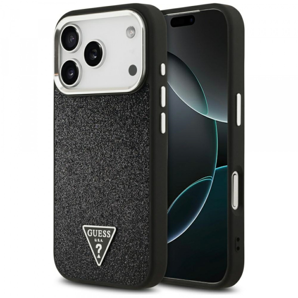 Husa MagSafe pentru Apple iPhone 18 Pro / 17 Pro, Guess, Glitter Triangle Logo, Neagra