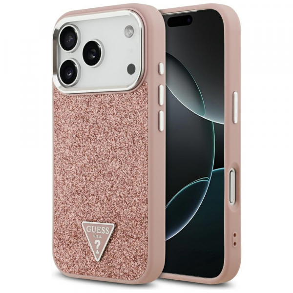 Husa MagSafe pentru Apple iPhone 18 Pro / 17 Pro, Guess, Glitter Triangle Logo, Roz