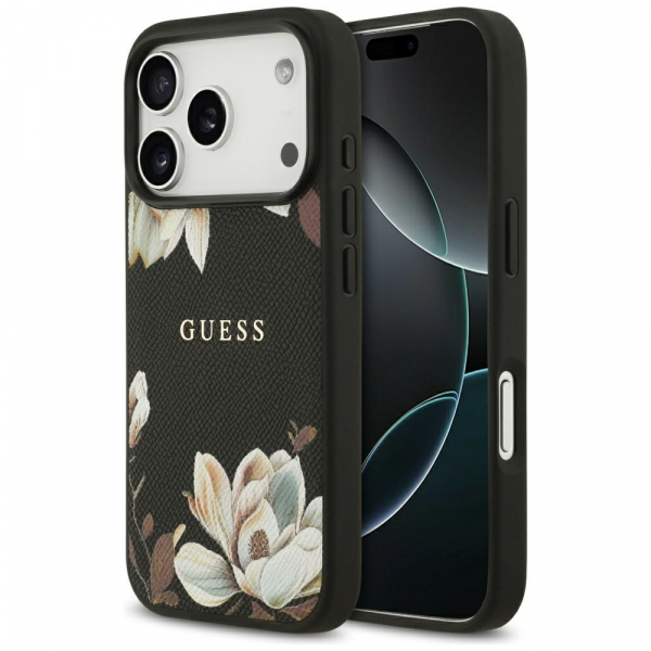 Husa MagSafe pentru Apple iPhone 18 Pro / 17 Pro, Guess, Grained Flowers, Neagra