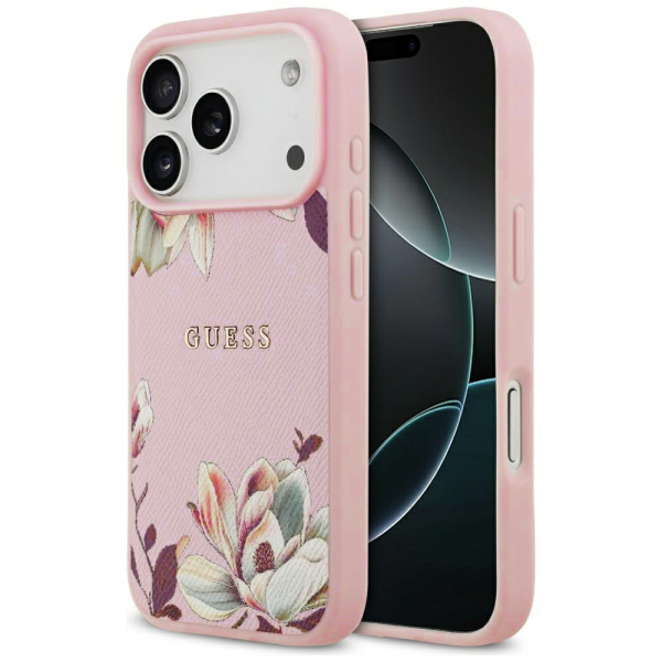 Husa MagSafe pentru Apple iPhone 18 Pro / 17 Pro, Guess, Grained Flowers, Roz