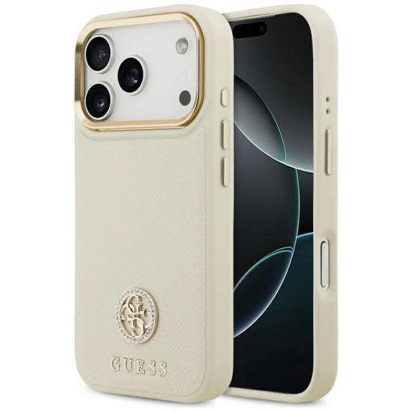 Husa MagSafe pentru Apple iPhone 18 Pro / 17 Pro, Guess, Grained Strass Logo, Bej