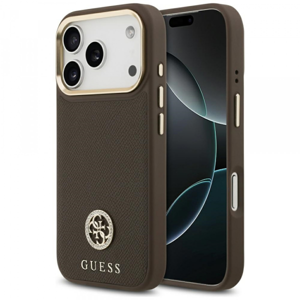 Husa MagSafe pentru Apple iPhone 18 Pro / 17 Pro, Guess, Grained Strass Logo, Maro