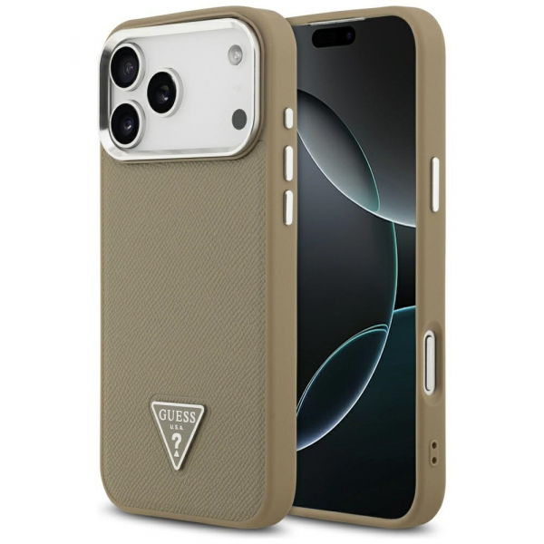 Husa MagSafe pentru Apple iPhone 18 Pro / 17 Pro, Guess, Grained Triangle Logo, Maro