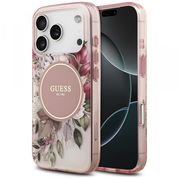 Husa MagSafe pentru Apple iPhone 18 Pro / 17 Pro, Guess, IML Flower and Tonal Circle, Roz