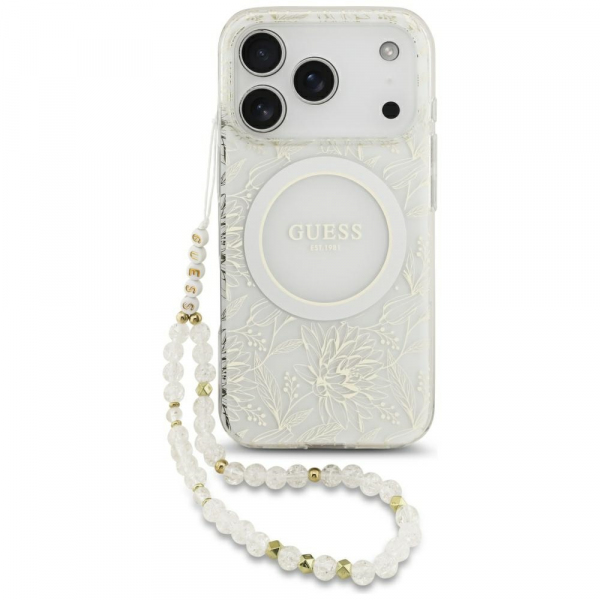 Husa MagSafe pentru Apple iPhone 18 Pro / 17 Pro, Guess, IML Flowers Allover Electroplated with Pearl Strap, Alba