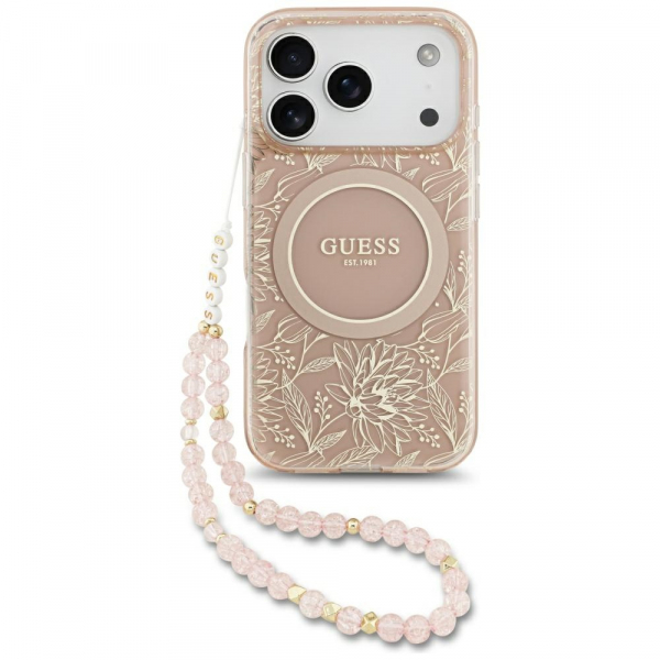 Husa MagSafe pentru Apple iPhone 18 Pro / 17 Pro, Guess, IML Flowers Allover Electroplated with Pearl Strap, Roz