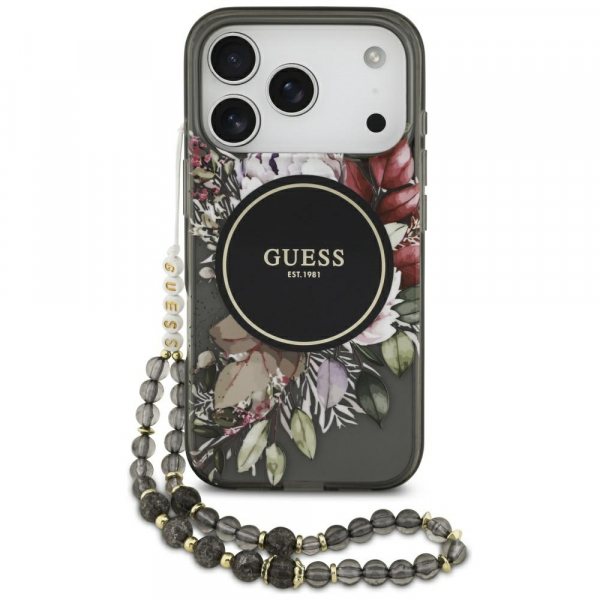 Husa MagSafe pentru Apple iPhone 18 Pro / 17 Pro, Guess, IML Flowers with Pearl Strap, Neagra