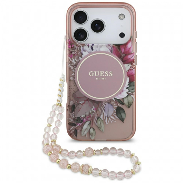Husa MagSafe pentru Apple iPhone 18 Pro / 17 Pro, Guess, IML Flowers with Pearl Strap, Roz