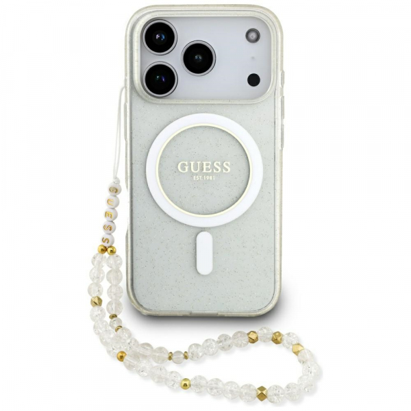 Husa MagSafe pentru Apple iPhone 18 Pro / 17 Pro, Guess, IML Glitter with Pearl Strap, Transparenta