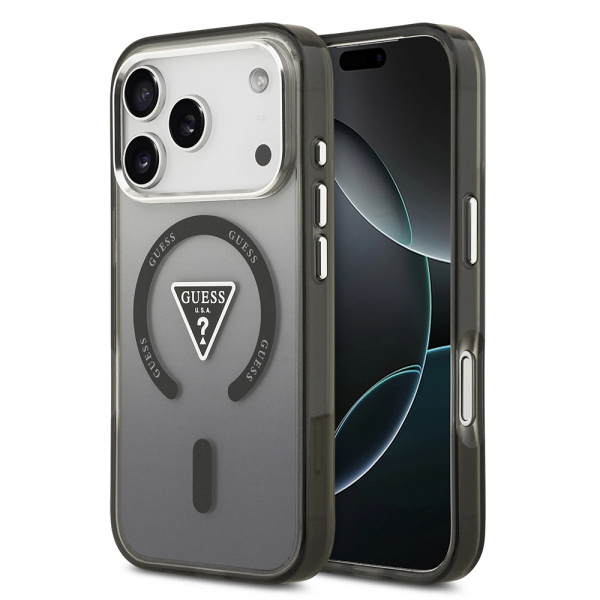 Husa MagSafe pentru Apple iPhone 18 Pro / 17 Pro, Guess, IML Gradient Triangle Logo, Neagra Argintie