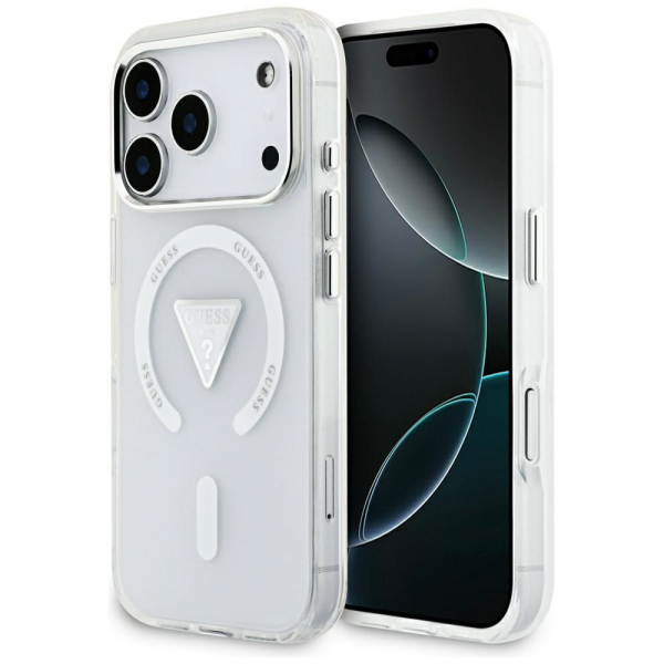 Husa MagSafe pentru Apple iPhone 18 Pro / 17 Pro, Guess, IML Gradient Triangle Logo, Transparenta