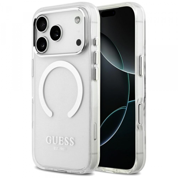 Husa MagSafe pentru Apple iPhone 18 Pro / 17 Pro, Guess, Metal Outline, Argintie