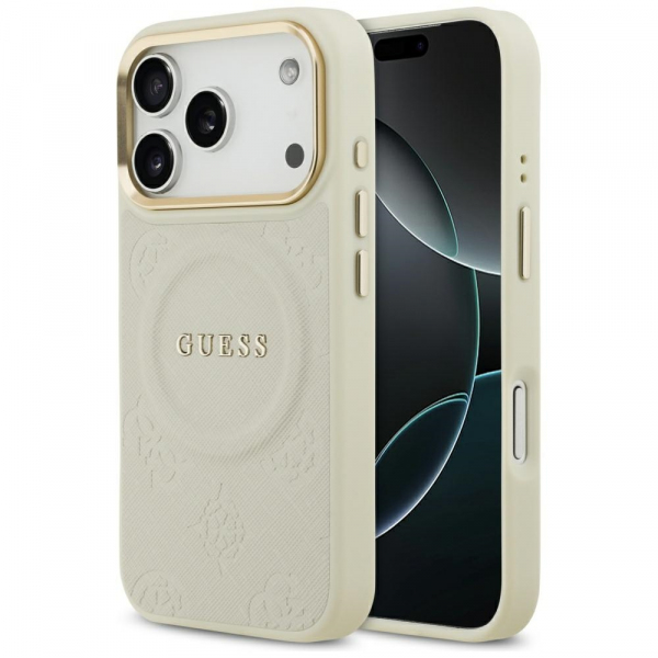 Husa MagSafe pentru Apple iPhone 18 Pro / 17 Pro, Guess, Peony Hot Stamp, Bej