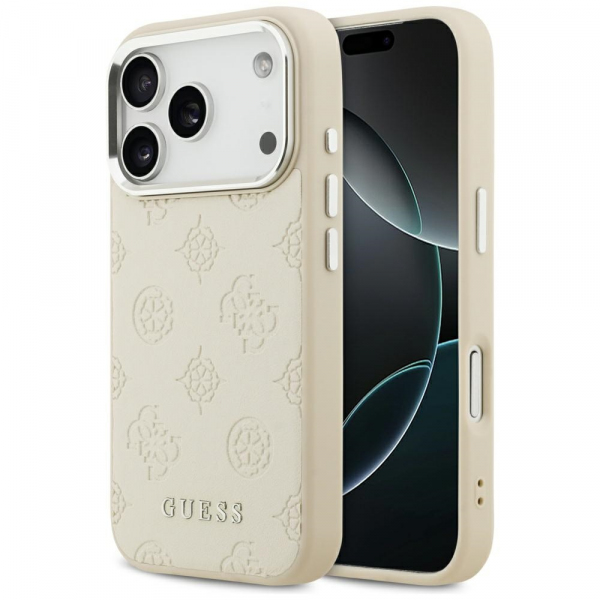 Husa MagSafe pentru Apple iPhone 18 Pro / 17 Pro, Guess, Peony Hot Stamp Script, Bej