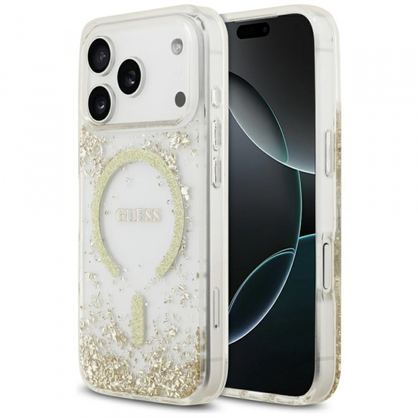 Husa MagSafe pentru Apple iPhone 18 Pro / 17 Pro, Guess, Resin Bottom Glitter, Aurie