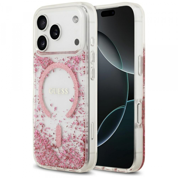 Husa MagSafe pentru Apple iPhone 18 Pro / 17 Pro, Guess, Resin Bottom Glitter, Roz