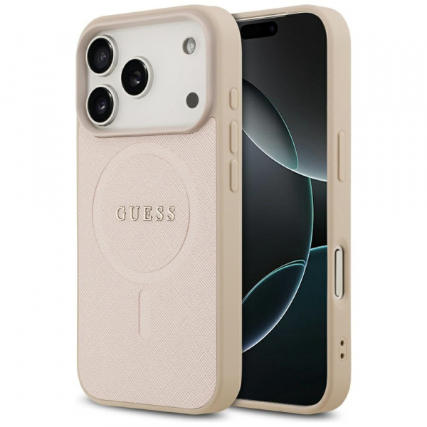 Husa MagSafe pentru Apple iPhone 18 Pro / 17 Pro, Guess, Saffiano Classic Logo, Roz