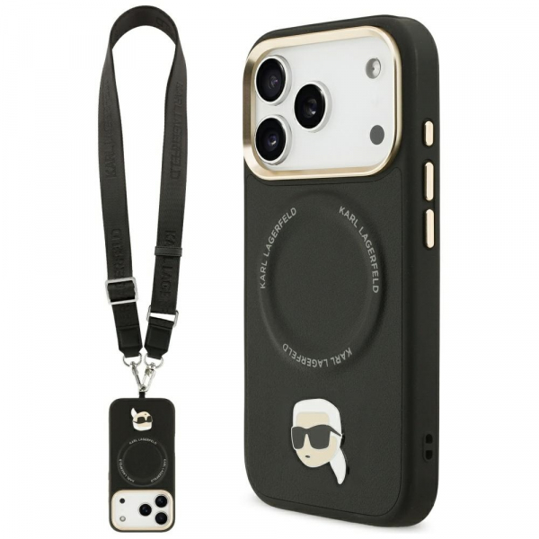 Husa MagSafe pentru Apple iPhone 18 Pro / 17 Pro, Karl Lagerfeld, Big Strap Karl Metal Logo, Neagra
