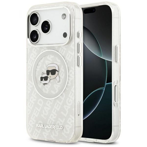 Husa MagSafe pentru Apple iPhone 18 Pro / 17 Pro, Karl Lagerfeld, Glitter Karl & Choupette Head, Alba