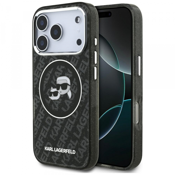 Husa MagSafe pentru Apple iPhone 18 Pro / 17 Pro, Karl Lagerfeld, Glitter Karl & Choupette Head, Neagra